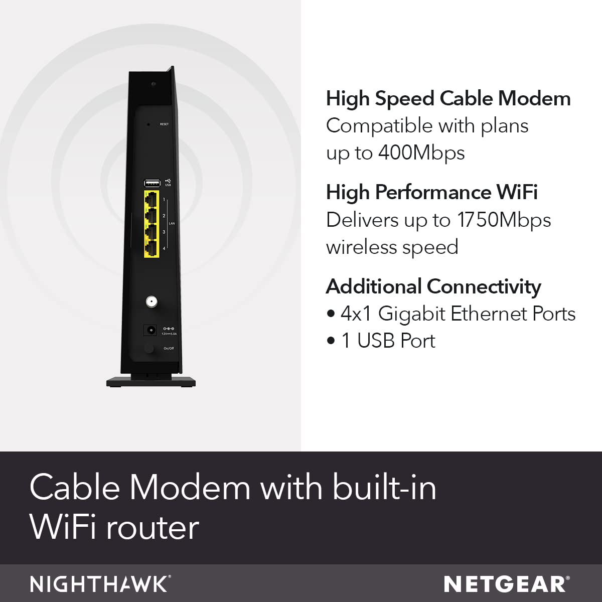 NETGEAR Cable Modem WiFi Router Combo C6300 | Compatible with Cable Providers Including Xfinity by Comcast, Spectrum, Cox for Cable Plans Up to 400Mbps | AC1750 WiFi Speed | DOCSIS 3.0