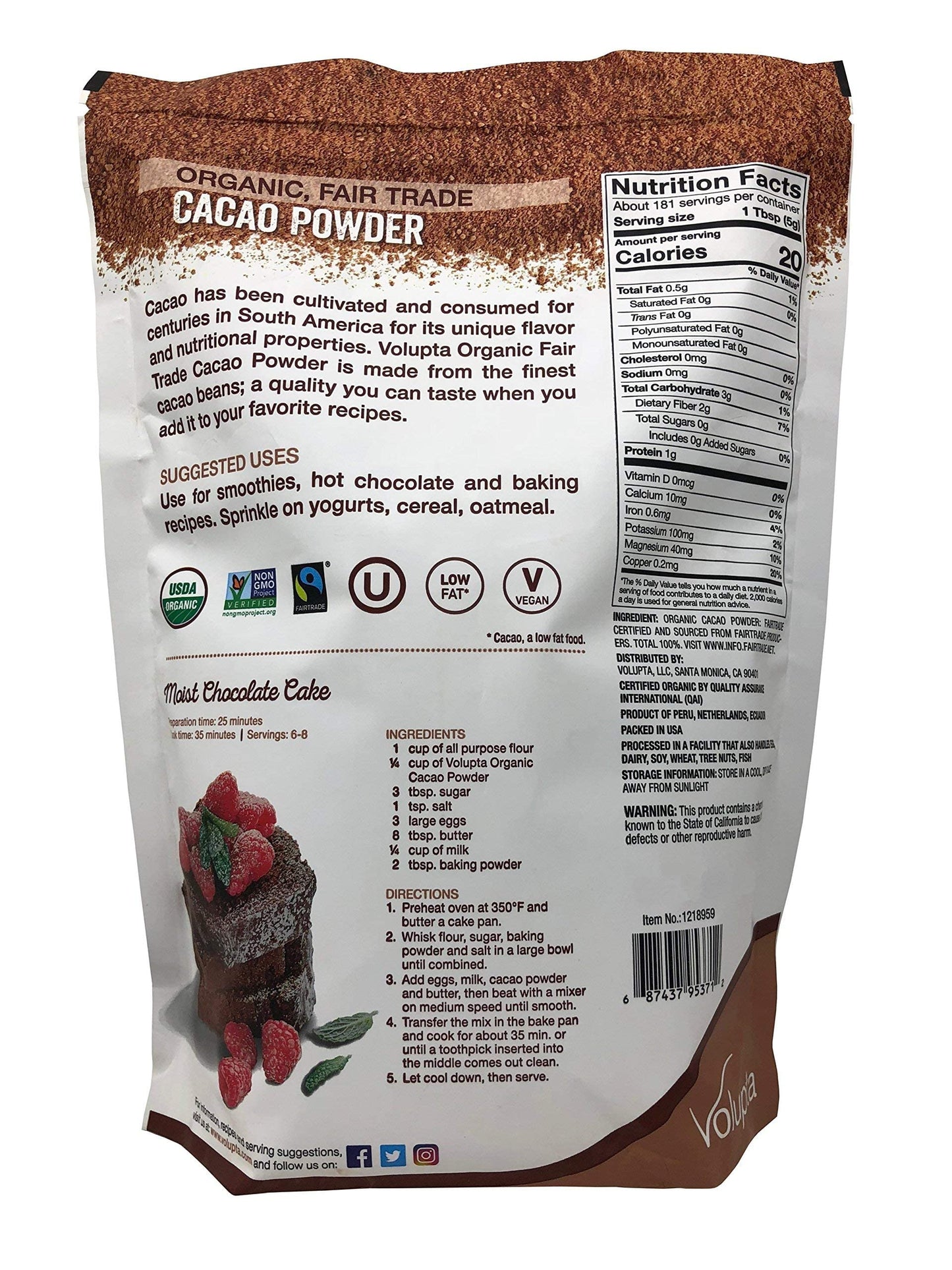 Volupta Organic & Fair Trade Unsweetened Super Food Cacao Powder
